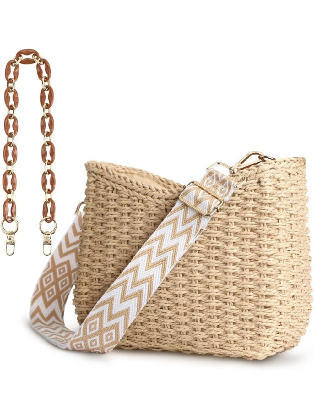 Woven Small Straw Crossbody Handbag - Beach Tote Purse with Chain, 9.8"x7.4"x2.9